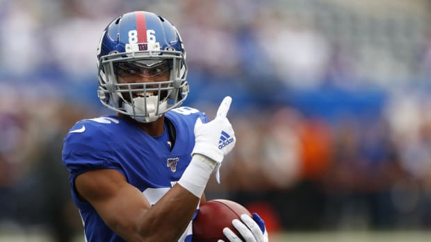 Oct 6, 2019; East Rutherford, NJ, USA; New York Giants wide receiver Darius Slayton (86) during warm up before the game against the Minnesota Vikings at MetLife Stadium.
